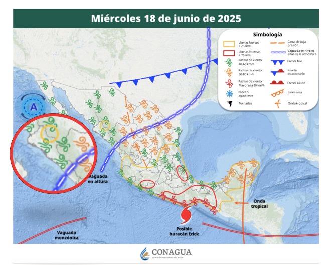 Mapa de áreas en vigilancia por desarrollo de tormentas significativas hoy en México. En el círculo rojo, las previstas en Sinaloa. SMN