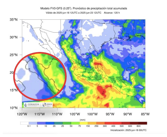Pronóstico de lluvias acumuladas a 7 días en México. En el círculo, el estado de Sinaloa. SMN