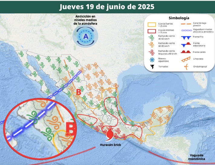 Áreas en vigilancia por desarrollo de tormentas significativas para México hoy. En el círculo, las condiciones para Sinaloa. SMN
