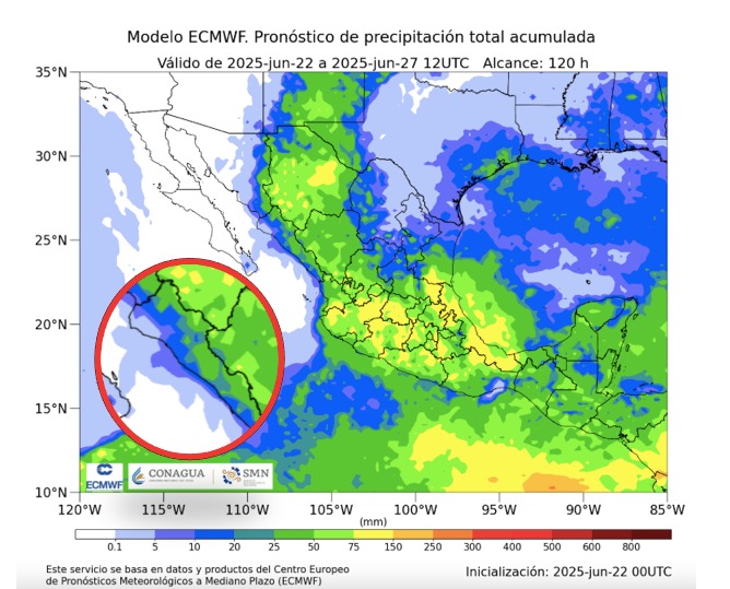 Pronóstico de lluvias acumuladas a 7 días en México. En el círculo, el estado de Sinaloa. SMN
