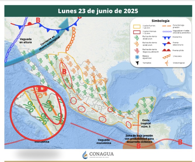 Áreas en vigilancia por desarrollo de tormentas significativas para México hoy. En el círculo, las condiciones para Sinaloa. SMN