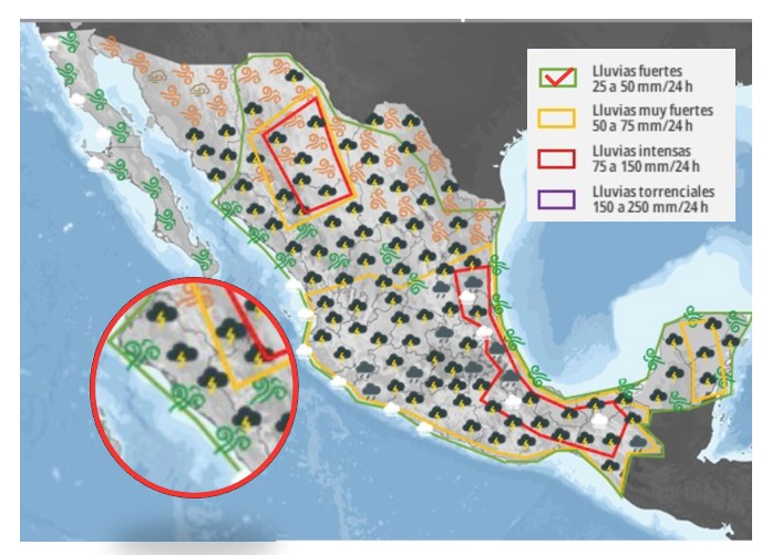 Aviso de tiempo severo para México, en el círculo, Sinaloa. SMN