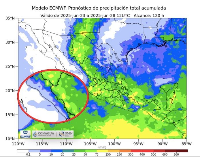 Pronóstico de lluvias acumuladas a 7 días en México. En el círculo, el estado de Sinaloa. SMN
