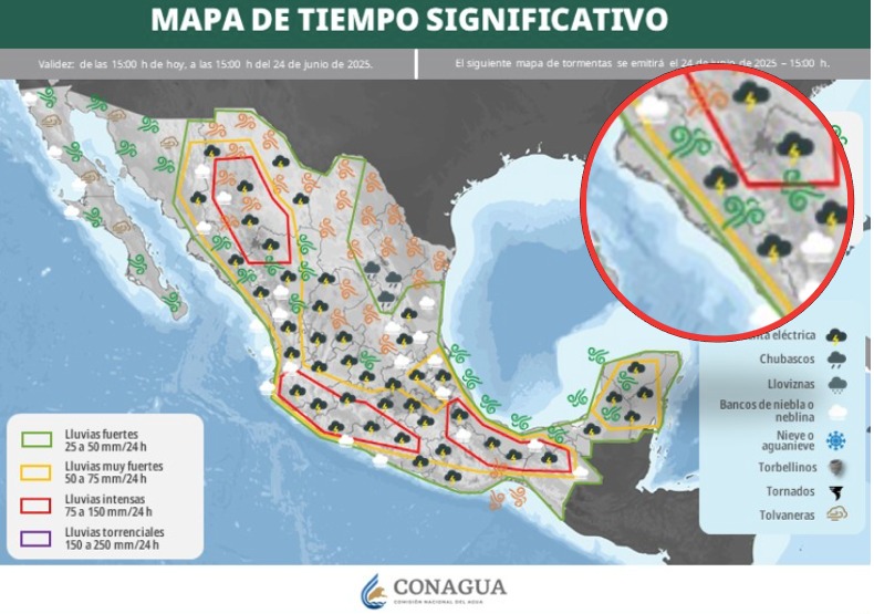 Aviso de tiempo severo para México, en el círculo, Sinaloa. SMN