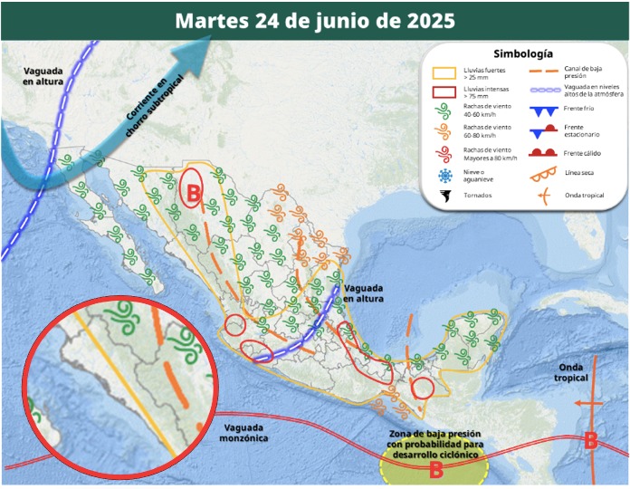 Áreas en vigilancia por desarrollo de tormentas significativas para México hoy. En el círculo, las condiciones para Sinaloa. SMN