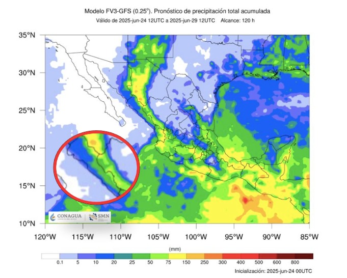 Pronóstico de lluvias acumuladas a 7 días en México. En el círculo, el estado de Sinaloa. SMN