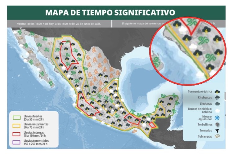 Aviso de tiempo severo para México, en el círculo, Sinaloa. SMN