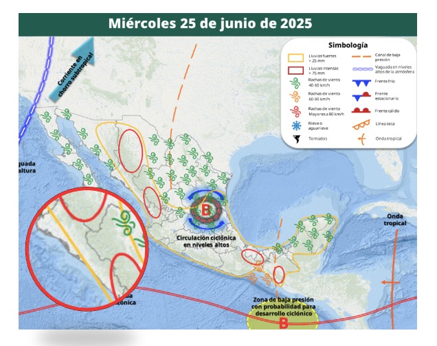 Áreas en vigilancia por desarrollo de tormentas significativas para México hoy. En el círculo, las condiciones para Sinaloa. SMN