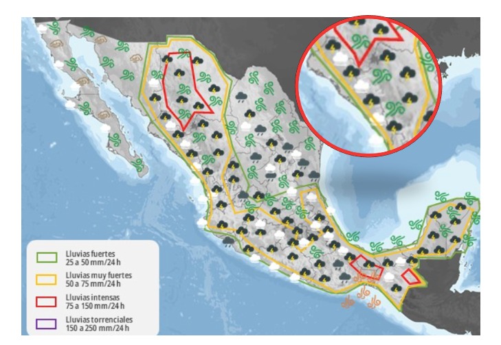 Aviso de tiempo severo para México; en el círculo, Sinaloa. SMN