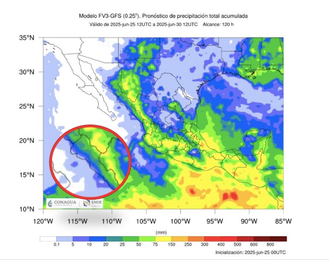 Pronóstico de lluvias acumuladas a 7 días en México. En el círculo, el estado de Sinaloa. SMN