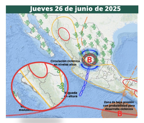 Áreas de vigilancia por pronóstico de tormentas en México. SMN