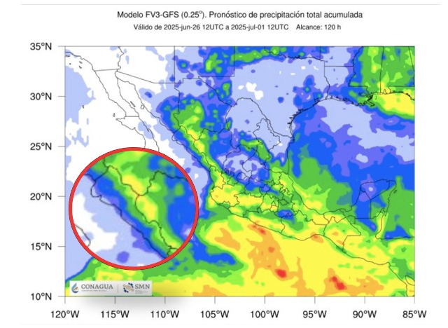 Pronóstico de lluvias acumuladas a 7 días en México. En el círculo, el estado de Sinaloa. SMN