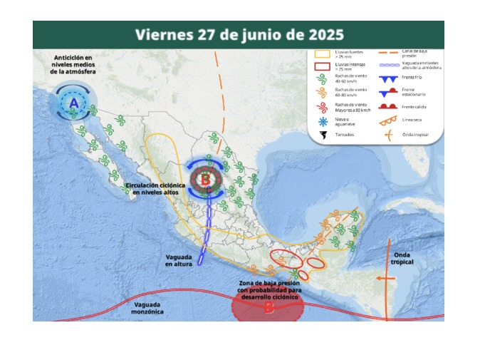 Áreas de vigilancia por pronóstico de tormentas en México. SMN
