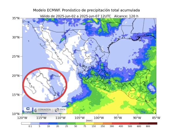 Pronóstico de precipitación acumulada del 2 al 7 de junio de 2025. SMN