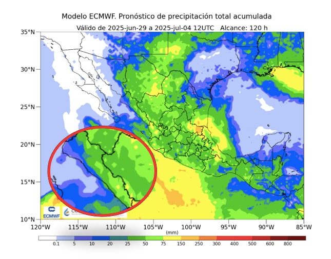 Pronóstico de lluvias acumuladas a 7 días en México. En el círculo, el estado de Sinaloa. SMN