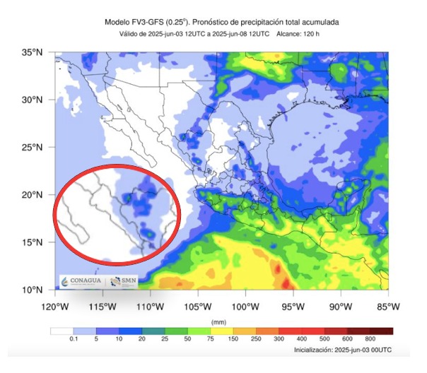 Pronóstico de precipitación acumulada del 3 al 8 de junio de 2025. SMN