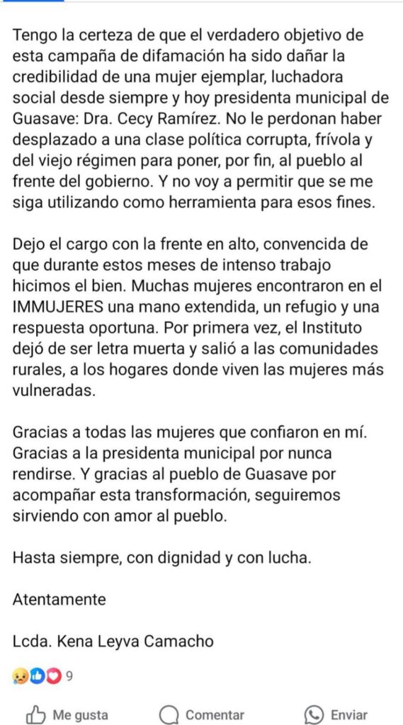 Publicación en redes sociales de Kena Leyva Camacho.