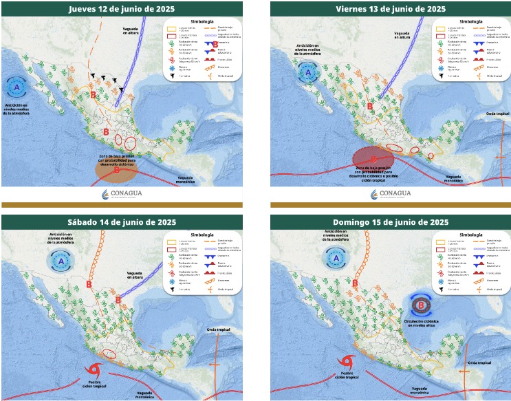 Pronóstico del clima extendido del SMN en el que indica que la tormenta tropical Dalila podría nacer el próximo sábado 14 de junio.