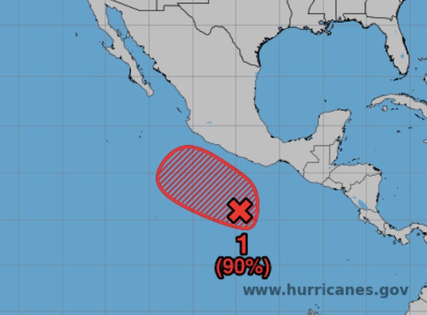 Así marca el NHC la ubicación de la zona de baja presión con alta probabilidad de activar al ciclón tropical Dalila.