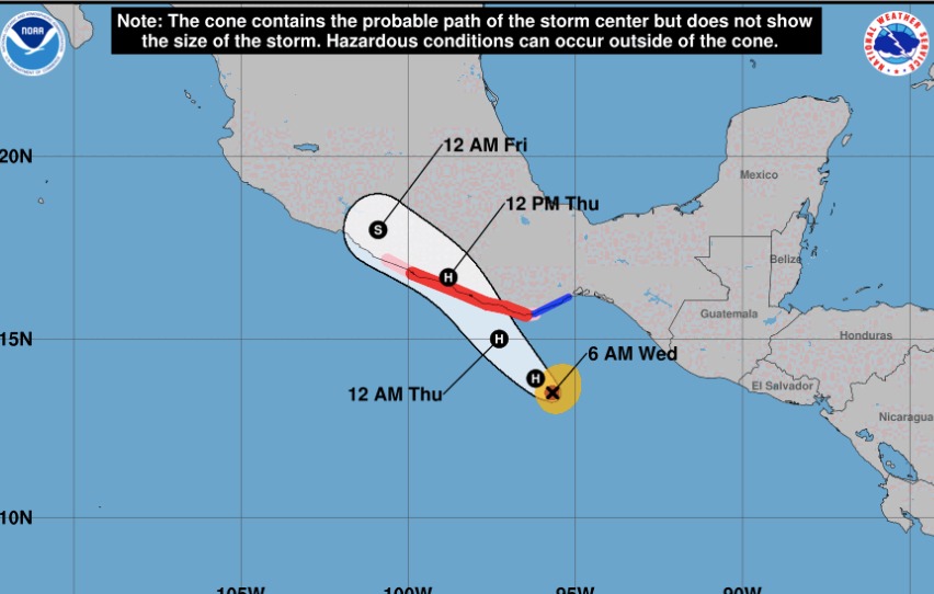 Desplazamiento y probable zona de choque de Erick. NHC