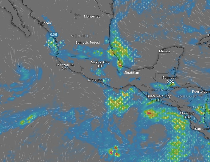 Imágenes de satélite en donde se marca la zona de baja presión con potencial ciclónico en el Pacífico hoy 16 de junio.