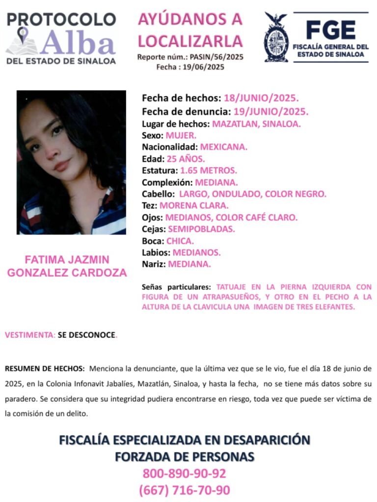 Ficha de búsqueda de Fatima Jazmín González Cardoza.