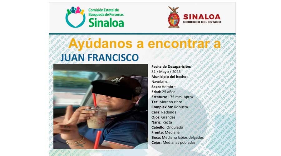 Ficha de búsqueda de Juan Francisco emitido por la Comisión Estatal de Búsqueda