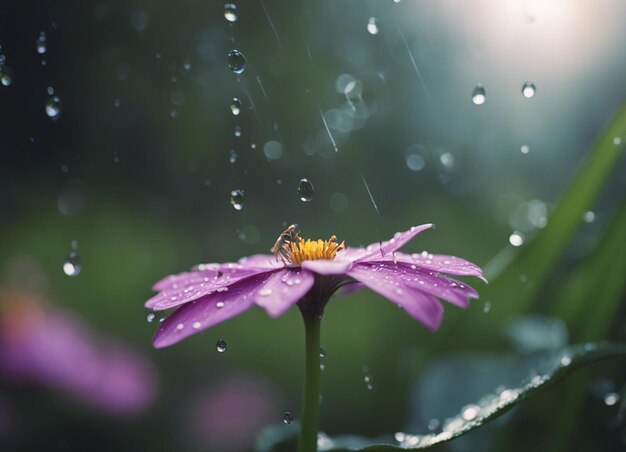 Gotas de lluvia cayendo en una flor.