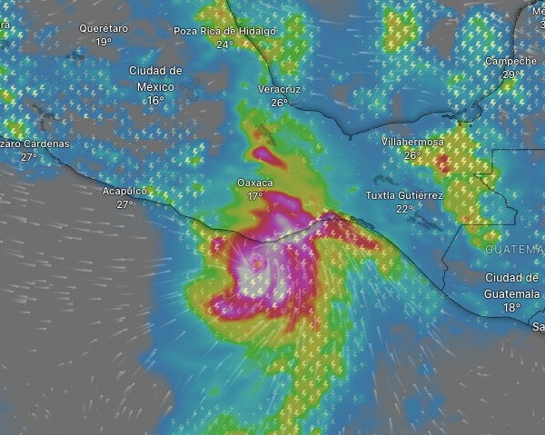 Así capta el sistema Windy la zona en la que se ubica el poderoso huracán tres Erick