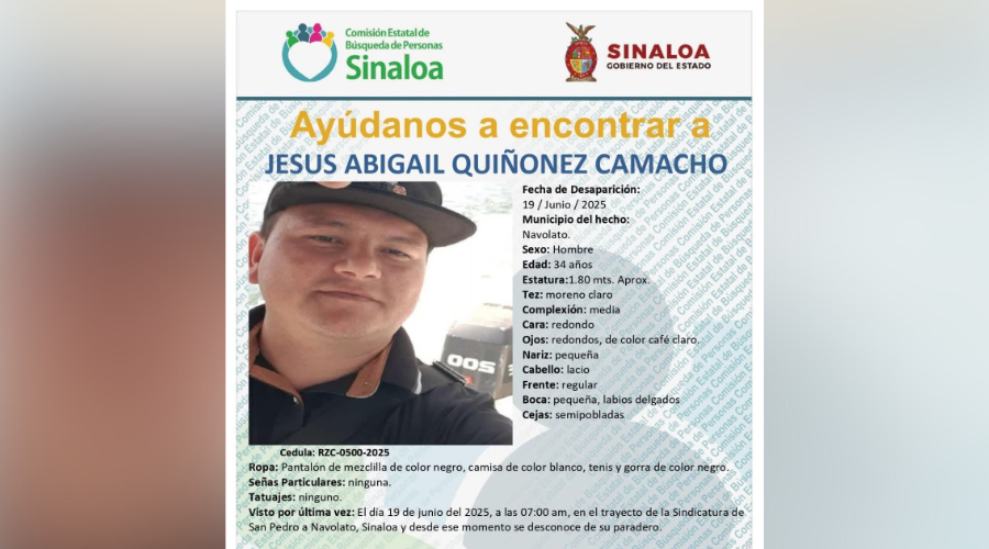 Ficha de búsqueda de Jesús Abigail, agente de la Policía Municipal privado de la libertad en Navolato