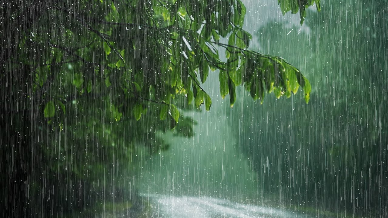 Naturaleza siendo mojada por una lluvia intensa.