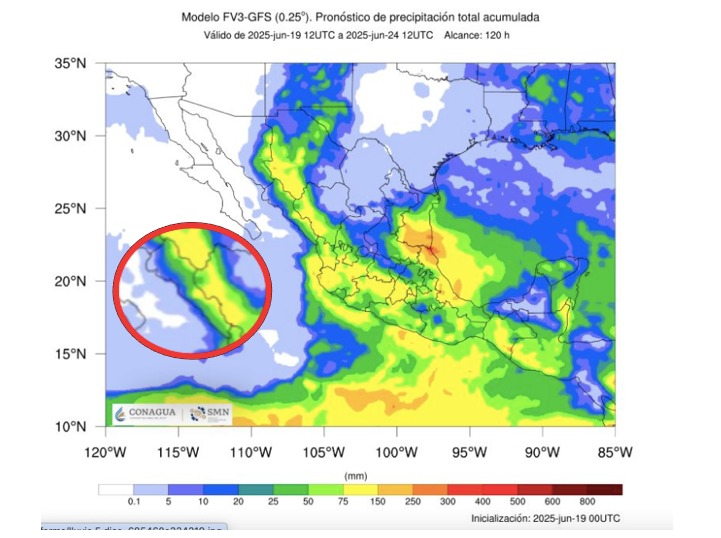 Pronóstico de lluvias acumuladas a 7 días en México. En el círculo, el estado de Sinaloa. SMN