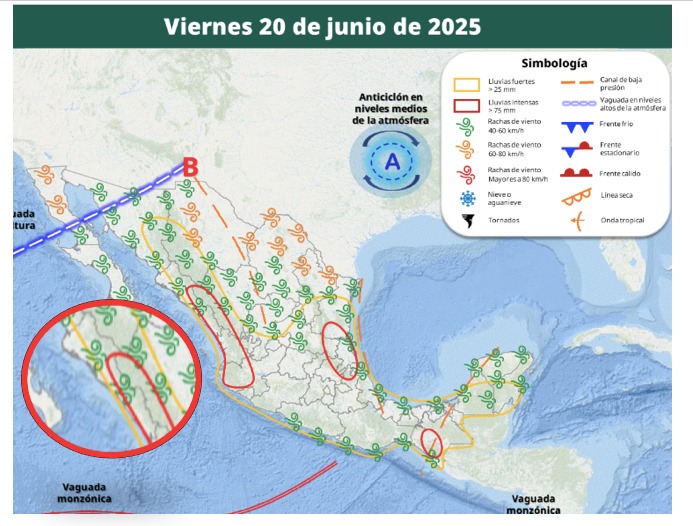 Áreas en vigilancia por desarrollo de tormentas significativas para México hoy. En el círculo, las condiciones para Sinaloa. SMN