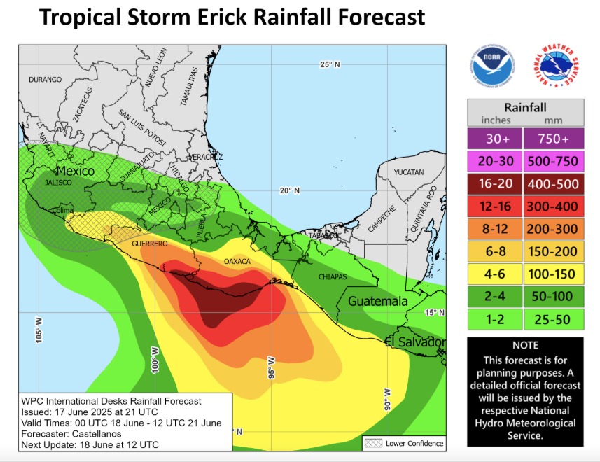 Pronóstico de acumulados por lluvia por el próximo huracán Erick. NHC