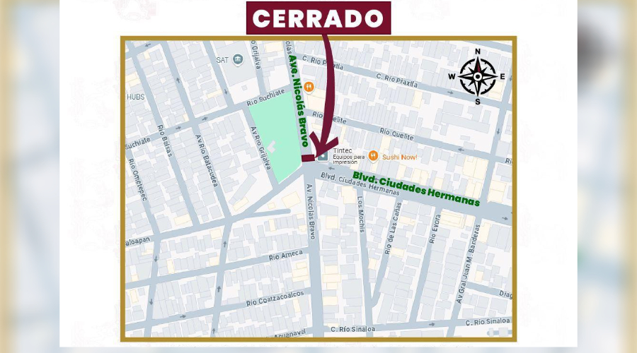 Anuncio de cierre de la avenida Nicolás Bravo en Culiacán.