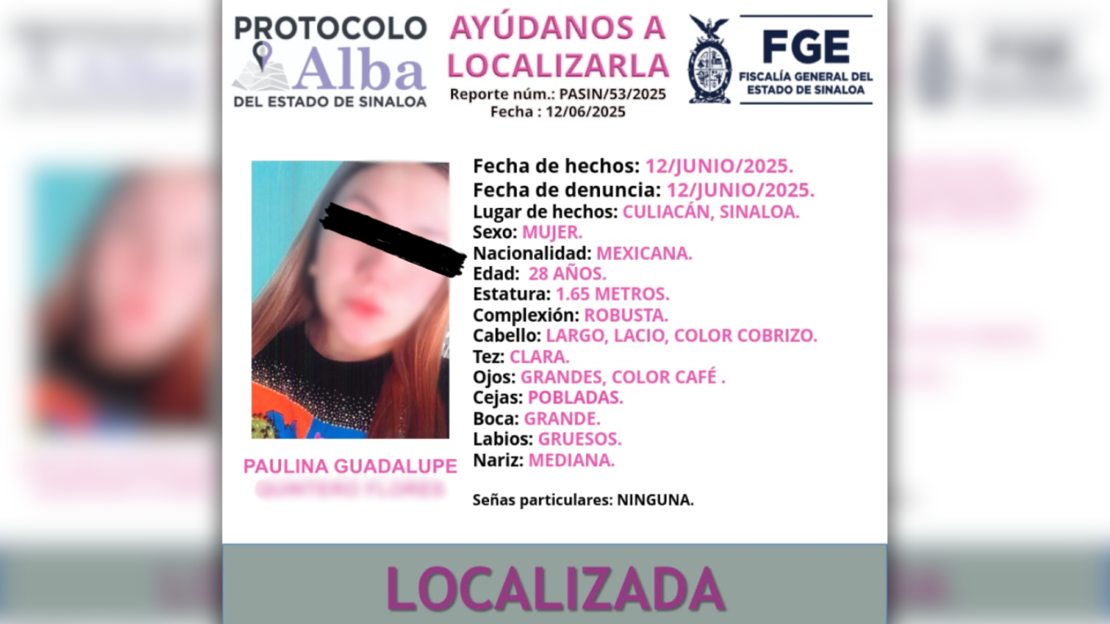 FGE confirma la localización con vida de Paulina Guadalupe