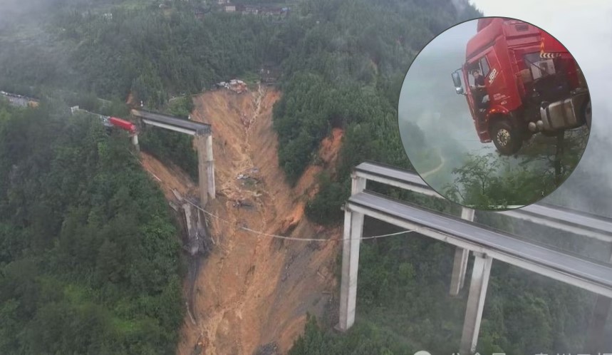 VIDEO: Lluvias provocan desplome de un puente en China; conductor queda suspendido sobre el vacío
