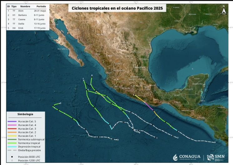 Así fue el recorrido de los sistemas tropicales ya registrados en el Pacífico mexicano hasta el 19 de junio. SMN.