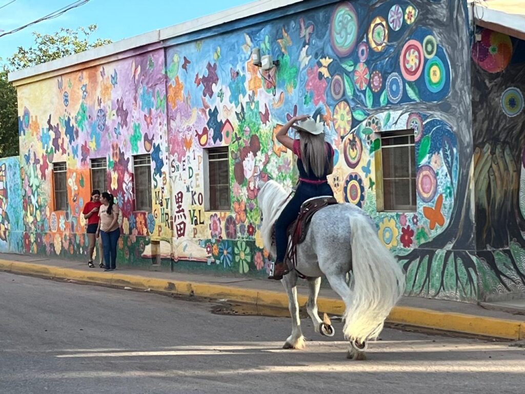 Persona monta a caballo por calles de San Pedro en Navolato