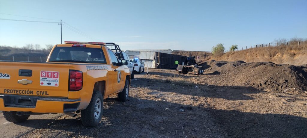 Vuelca tráiler cargado de tarimas de madera en la maxipista Mazatlán-Culiacán