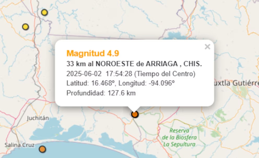 Sismo de 4.9 se registra en el noroeste de Arriaga, Chiapas