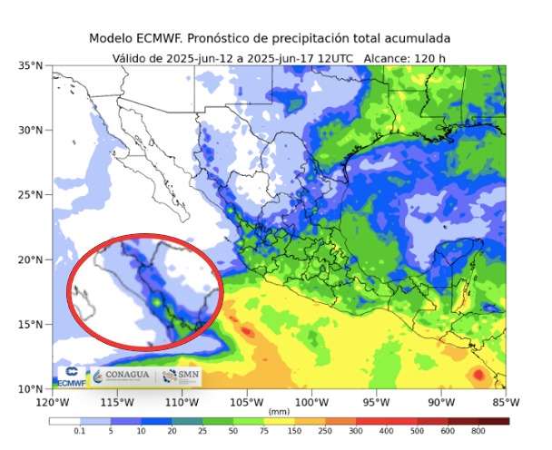 Pronóstico de lluvias acumuladas a 7 días en México. En el círculo, el estado de Sinaloa. SMN