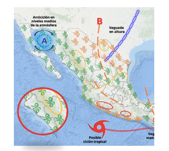 Probabilidad de lluvias para este 12 de junio en Sinaloa. SMN.
