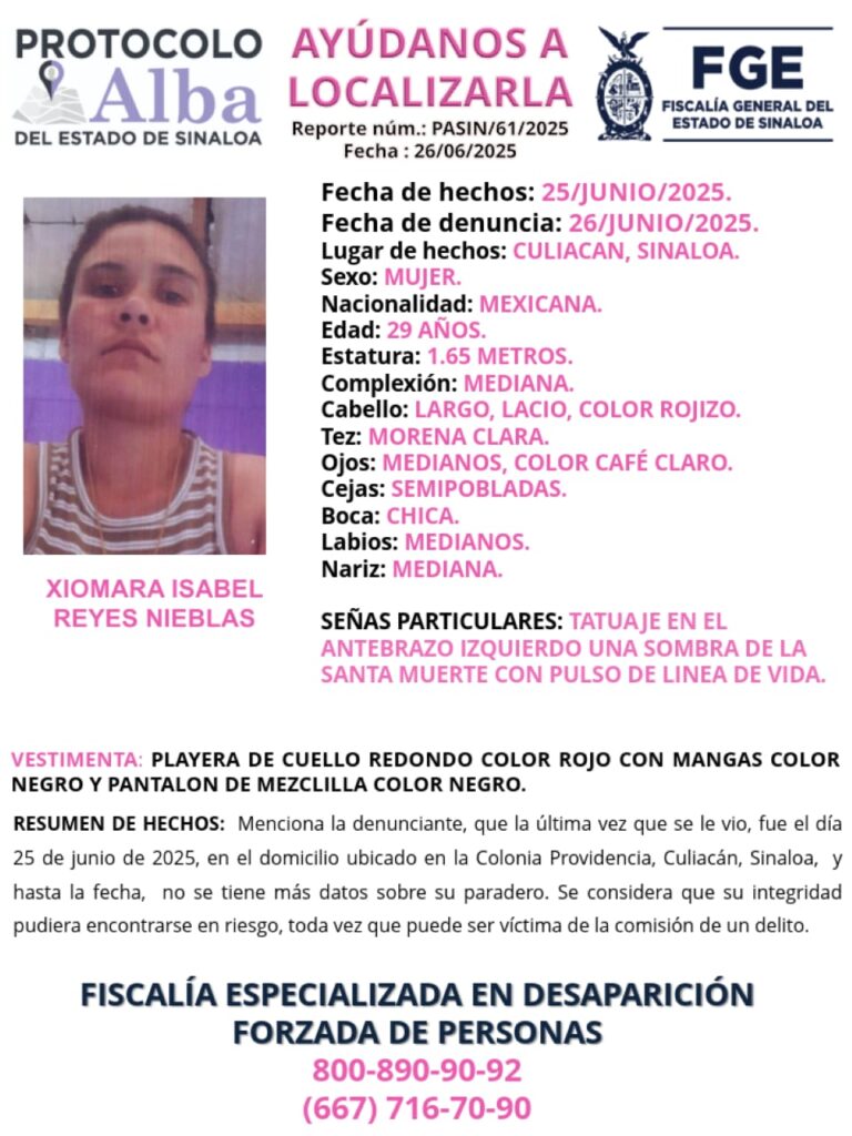 Ficha de búsqueda de Xiomara Isabel Reyes Nieblas.