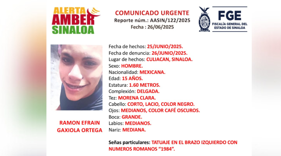 Autoridades activan Alerta Amber tras la desaparición del joven Ramón Efraín en Culiacán