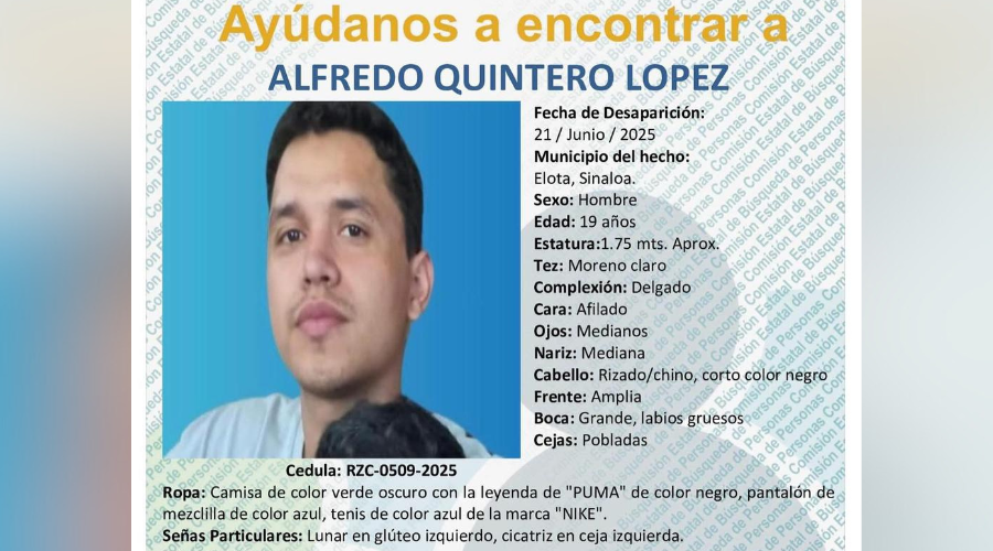 Ficha para localizar a joven desaparecido en Elota