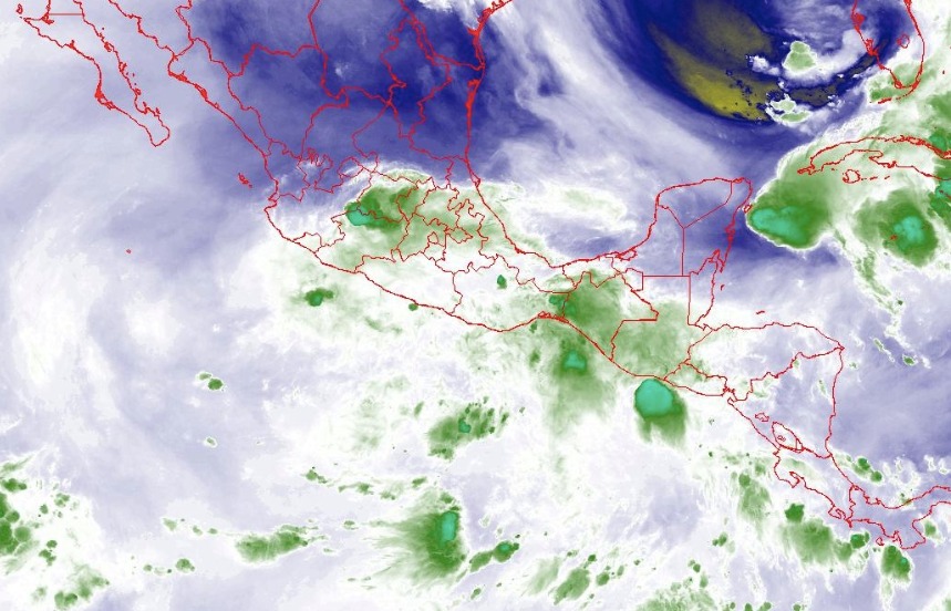 Imagen de vapor de agua donde se aprecia la perturbación tropical activa en México.