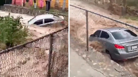 VIDEO: Vehículo es arrastrado por la corriente tras fuertes lluvias en Pachuca, Hidalgo