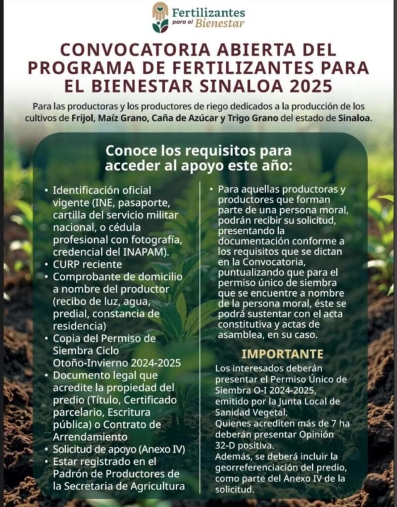 Abren convocatoria para nuevo ingreso del programa de Fertilizantes para el Bienestar en Sinaloa