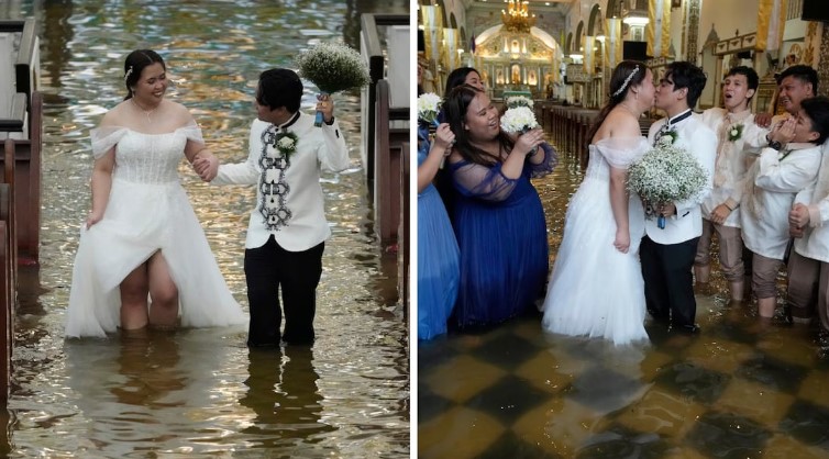 ¡Amor contra todo pronóstico! Novios se casan en iglesia inundada tras paso de tifón en Filipinas